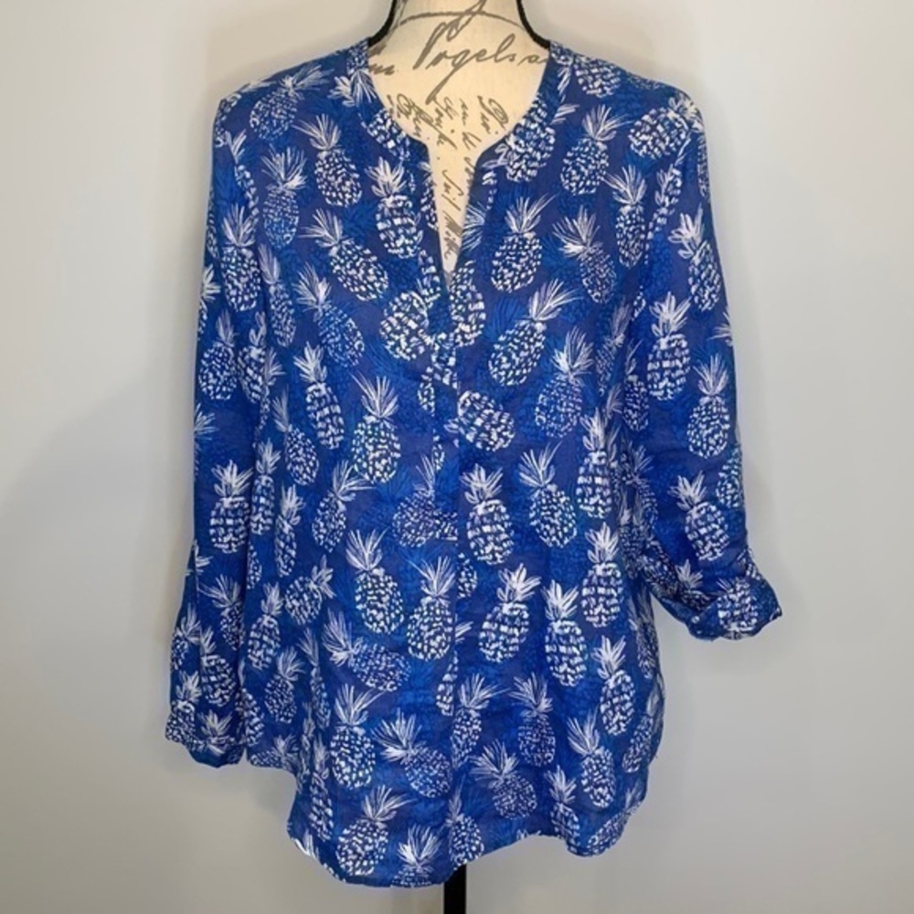 Zozo linen pineapple print roll tab popover top M